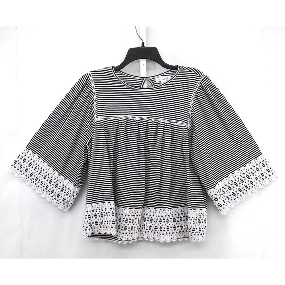 Studio JPR Shirt Womens Size L Black White Striped Lace Sleeve Cuff Hem Line Top